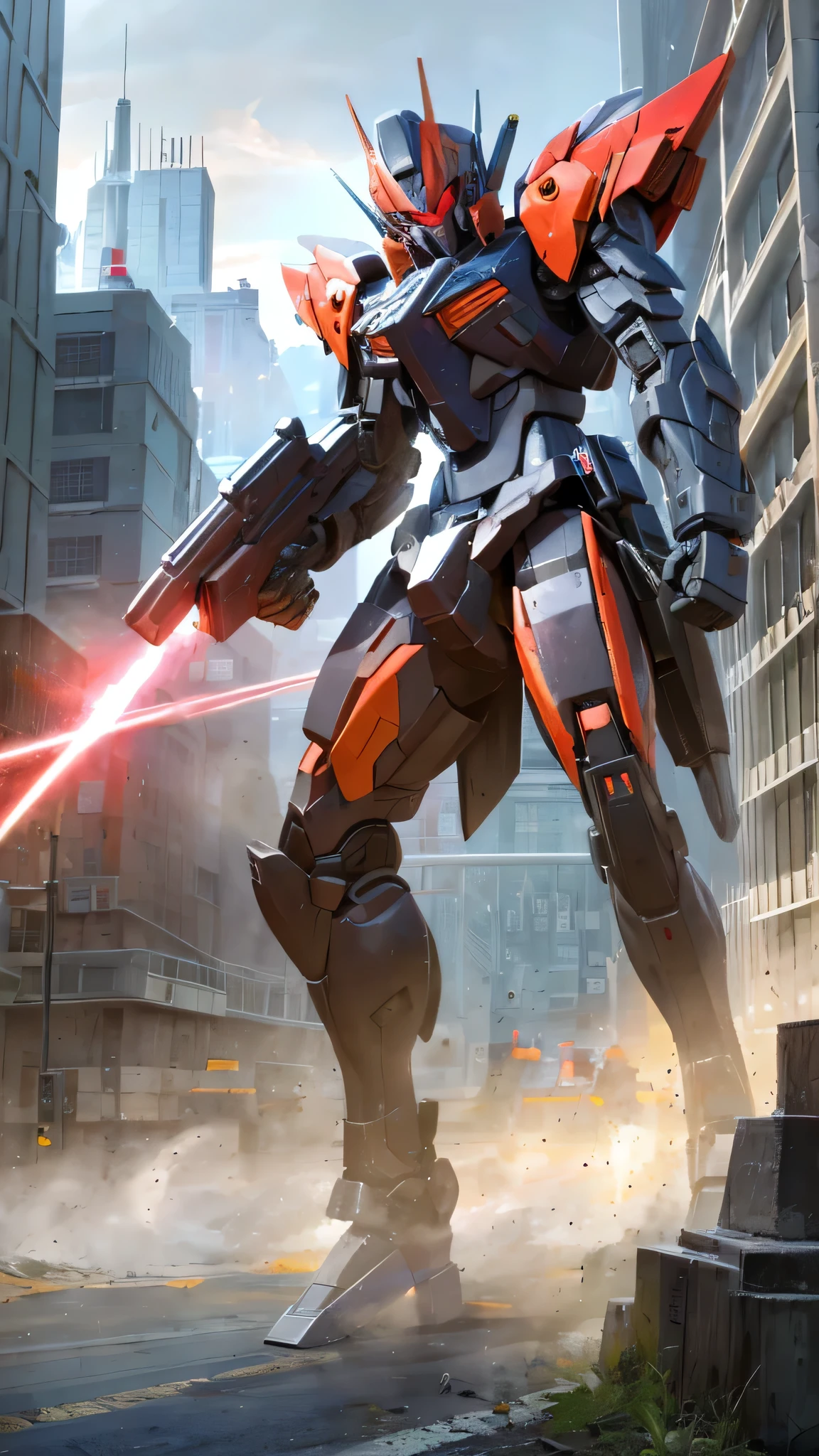 最high quality、Best image quality、masterpiece、Giant Mecha((humanoid、black body、Railgun、Bulletproof vest、Jetpack、Red visor、Full burst、Laser firing,Covered in scars))high quality、Beautiful art、background((city)),Tabletop、Exquisite design、Visual Arts、Written boundary depth、Best lighting、The finest details、8k