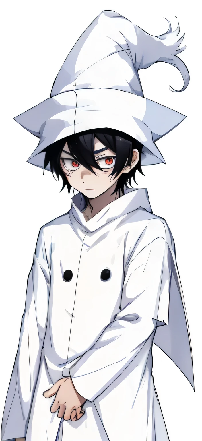 anime boy wearing full white clothes, wizard hat, black hair, scared, sad, facing the camera, high quality