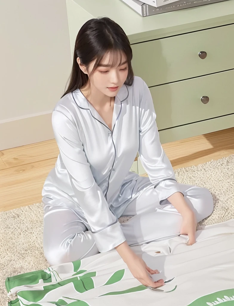 woman sitting on the floor with a 白色的 box and a green plant, smooth white tight clothes suit, wearing pajamas, Full length view, panoramic, Home, satin, Wearing grey long sleeves, Light gray, Stylish design,  silky outfit,  Farbe, Sitting in the bedroom, Shiny silver, Full length view, Near Angle, Handsome