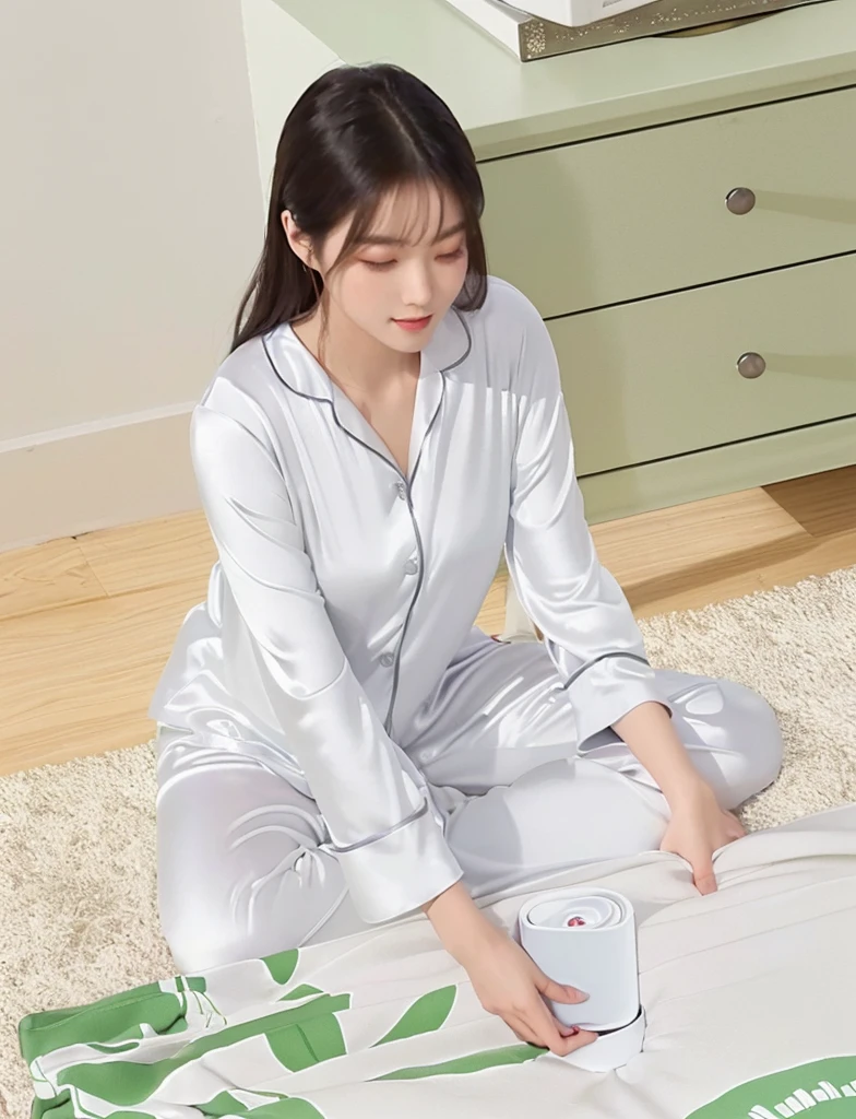 woman sitting on the floor with a 白色的 box and a green plant, smooth white tight clothes suit, wearing pajamas, Full length view, panoramic, Home, satin, Wearing grey long sleeves, Light gray, Stylish design, silky outfit, Farbe, Sitting in the bedroom, Shiny silver, Full length view, Near Angle, Handsome