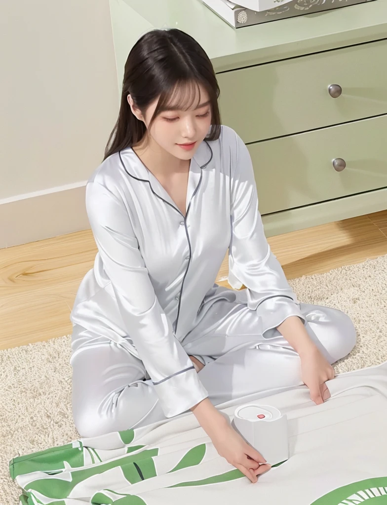 woman sitting on the floor with a 白色的 box and a green plant, smooth white tight clothes suit, wearing pajamas, Full length view, panoramic, Home, satin, Wearing grey long sleeves, Light gray, Stylish design, silky outfit, Farbe, Sitting in the bedroom, Shiny silver, Full length view, Near Angle, Handsome