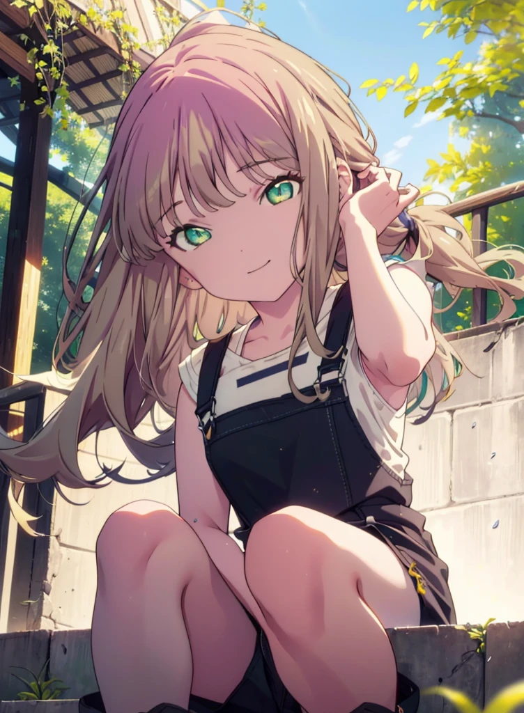 minami yume ,sss Dynazenon ,Long Hair, Brown Hair, (Green Eyes:1.5) ,Center of chest,hair band,ponytail,happy smile, smile, Open your mouth, Blue Tank Top,Overalls,Shorts,short boots,whole bodyがイラストに入るように,Daytime,Clear skies,Sitting on the steps in the park,
break looking at viewer, whole body,(Cowboy Shot:1. 5),
break outdoors, Residential Street,
break (masterpiece:1.2), Highest quality, High resolution, unity 8k wallpaper, (shape:0.8), (Beautiful and beautiful eyes:1.6), Highly detailed face, Perfect lighting, Highly detailed CG, (Perfect hands, Perfect Anatomy),