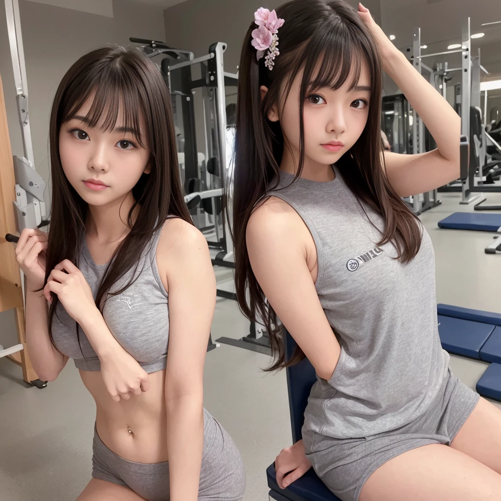 (masterpiece, Highest quality, 8K, High resolution),(Realistic skin texture, Perfect Face, Realistic, Perfect hands, Perfect finger count, Japanese, Girl), (), (2 people), Big Eyes, Brown eyes, Light brown hair, bangs, Twin tails, Hair Ribbon, Small face, Smile, ((Tank top, Low rise sports shorts)), 2 peopleが並んで立っている, Cute pose, Shopping mall