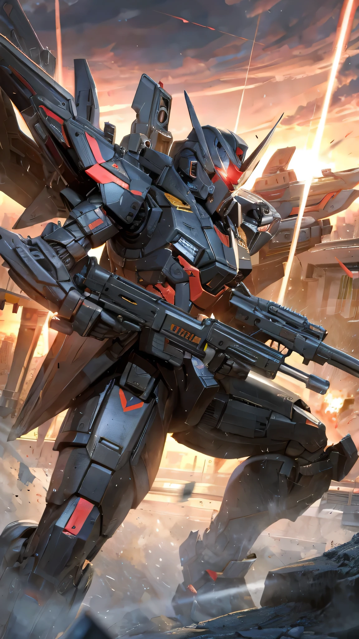 最high quality、Best image quality、masterpiece、Giant Mecha((humanoid、black body、Railgun、Bulletproof vest、Jetpack、Red visor、Full burst、Laser firing,Covered in scars))high quality、Beautiful art、background((city)),Tabletop、Exquisite design、Visual Arts、Written boundary depth、Best lighting、The finest details、8k