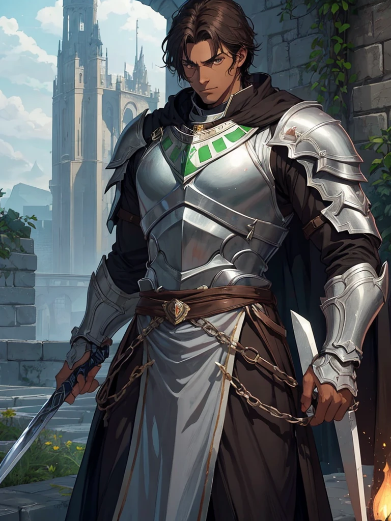 A tall man, short, dark brown hair, dark skin but a little light, light green eyes, strong, thin and muscular. He is a knight who serves as a guard in a castle of a family of kings., In one of his hands he holds a silver sword and in the other a warrior's helmet.. He is standing next to a closed wooden door in a palace he is guarding. The atmosphere is bright. He shows his beautiful muscular torso.