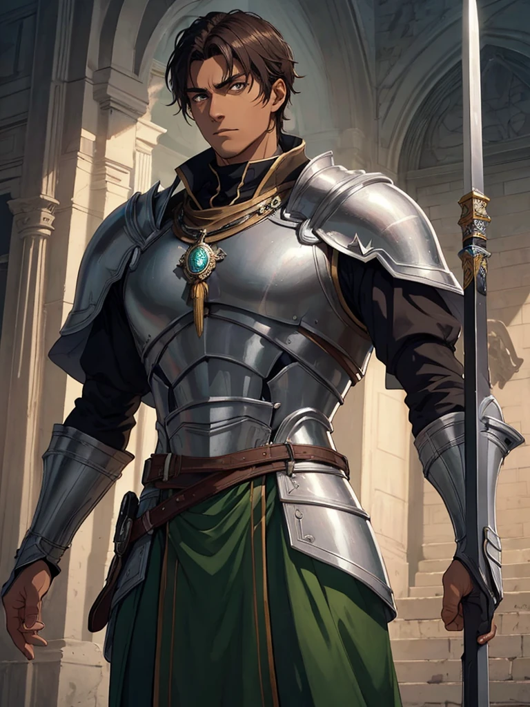 A tall man, short, dark brown hair, dark skin but a little light, light green eyes, strong, thin and muscular. He is a knight who serves as a guard in a castle of a family of kings., In one of his hands he holds a silver sword and in the other a warrior's helmet.. He is standing next to a closed wooden door in a palace he is guarding. The atmosphere is bright. He shows his beautiful muscular torso.