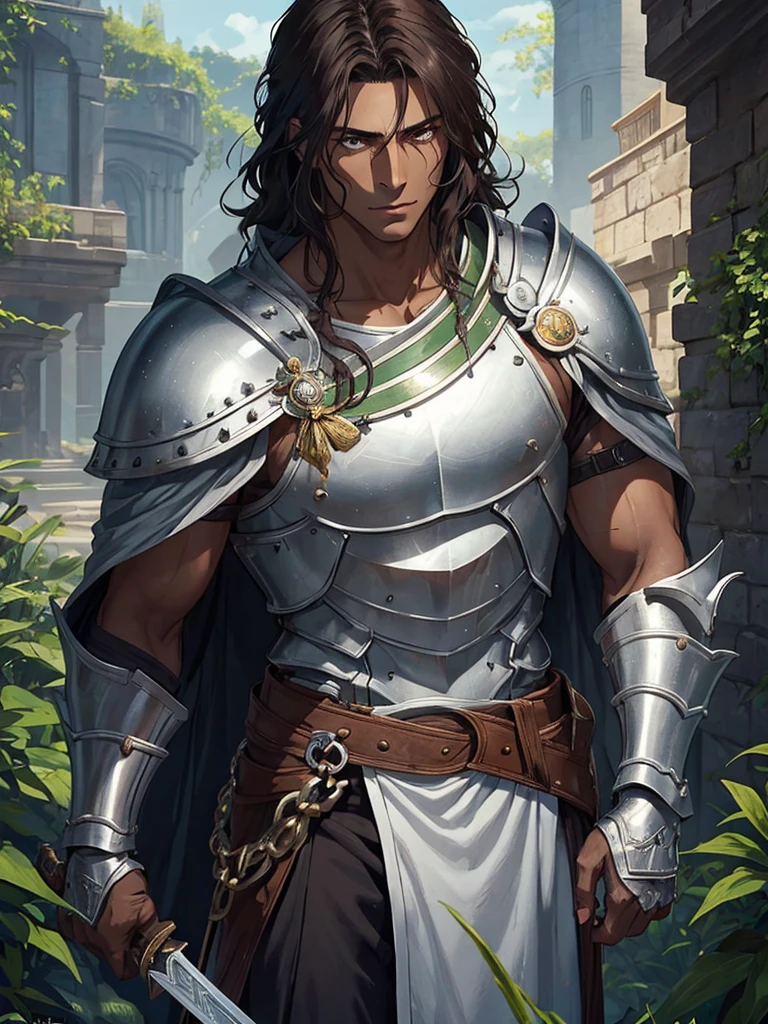 A tall man, short, dark brown hair, dark skin but a little light, light green eyes, strong, thin and muscular. He is a knight who serves as a guard in a castle of a family of kings., In one of his hands he holds a silver sword and in the other a warrior&#39;s helmet.. He is standing next to a closed wooden door in a palace he is guarding. The atmosphere is bright. He shows his beautiful muscular torso.