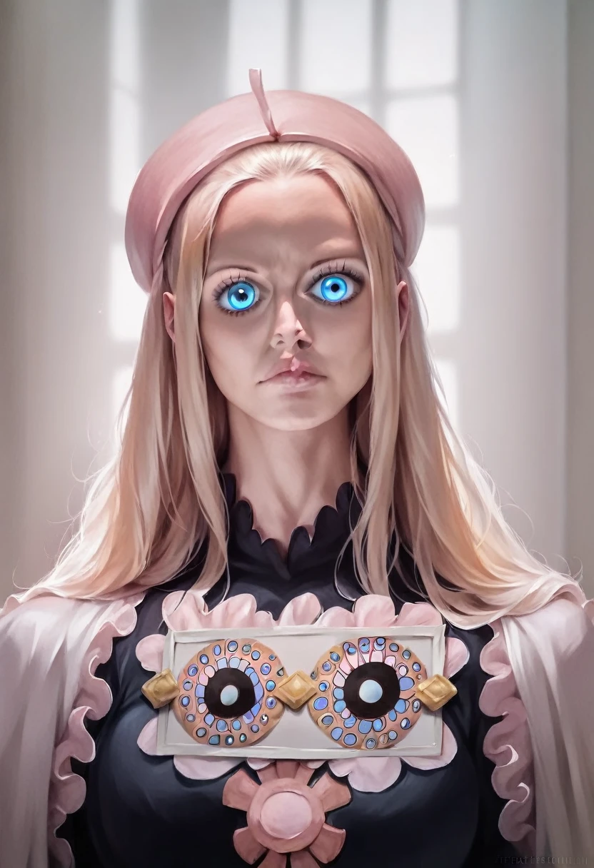 a beautiful woman wearing a beret, pink and black one piece dress, long blonde hair and blue eyes, (best quality,32k,8k,highres,masterpiece:1.2),ultra-detailed,(realistic,photorealistic,photo-realistic:1.37),extremely detailed eyes and face,longeyelashes,beautiful detailed eyes,beautiful detailed lips,detailed portrait,intricate details,vibrant colors,soft lighting,cinematic lighting,dramatic lighting,elegant,graceful,serene,peaceful