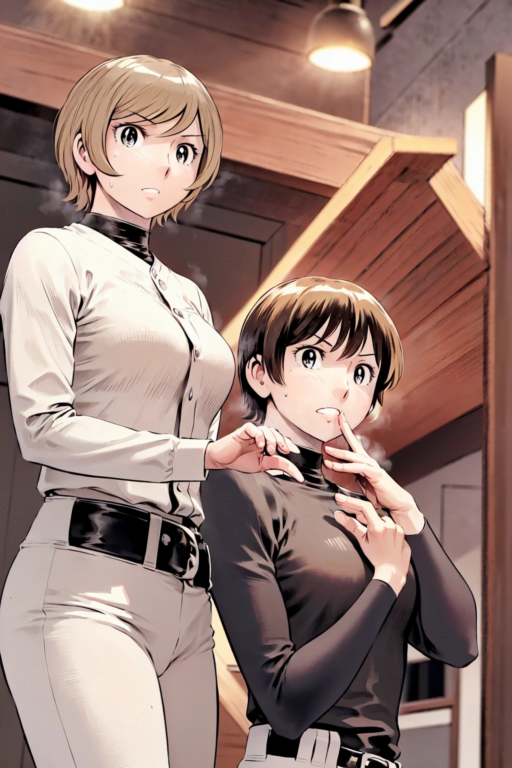 (野球uniform:1.2),
Blonde, (short hair:1.2),Long sleeve, Black Shirt, turtleneck,White trousers、uniform、Black belt、((Illustration of a person))、big 、
View your viewers,, (Highest quality:1.3),One Girl, White pants、uniform、Outdoor、baseball ground、ground、soil、blue eyes、Tight black shirt、(masterpiece、Highest quality)、Highest quality, Ultra-high resolution, (((masterpiece))), alone, Sweat、big eyes、big Breasts、One Girl, Front view、Embarrassed face、Bronze colored hair、((short hair))、Stand up straight、Cowboy Shot