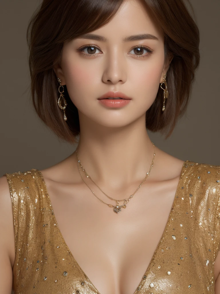 masterpiece, Best image quality,（Looks real， high resolution：1.3）， 1. Girl in perfect shape， Beautiful face and eyes，short hair，Perfect breasts, necklace, earrings, Textured Skin, Genuine Leather