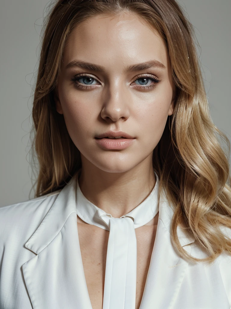 masterpiece, best quality, extremely detailed, hyperrealistic, photorealistic, a beautiful 20s french model, white background:1.1, fashion model posing, white coat:1.2, t-shirt, ultra detailed face, half updo, blonde hair, pale skin, busty breasts, laughing, eye closed