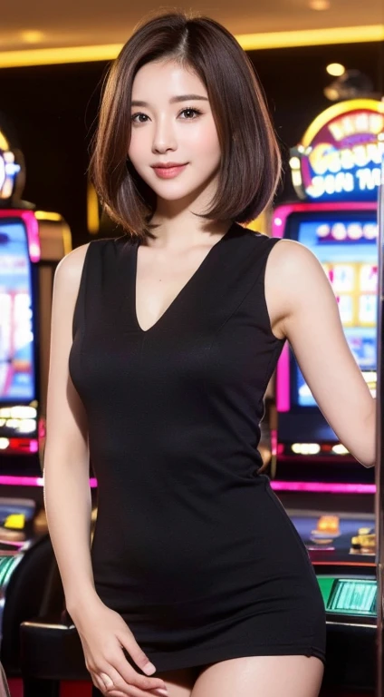 ((best quality, 8K, Masterpiece: 1.3)), 1 woman, Beautiful figure, slim stomach.: 1.3, (short hairstyle brown hair, big: 1.2), set: 1.1, The face is extremely slender., delicate eyes, Double eyelids, smile, (random background,In casinos,VIP casino room, Modern Casino Console, Modern Slot Machines ), raw image