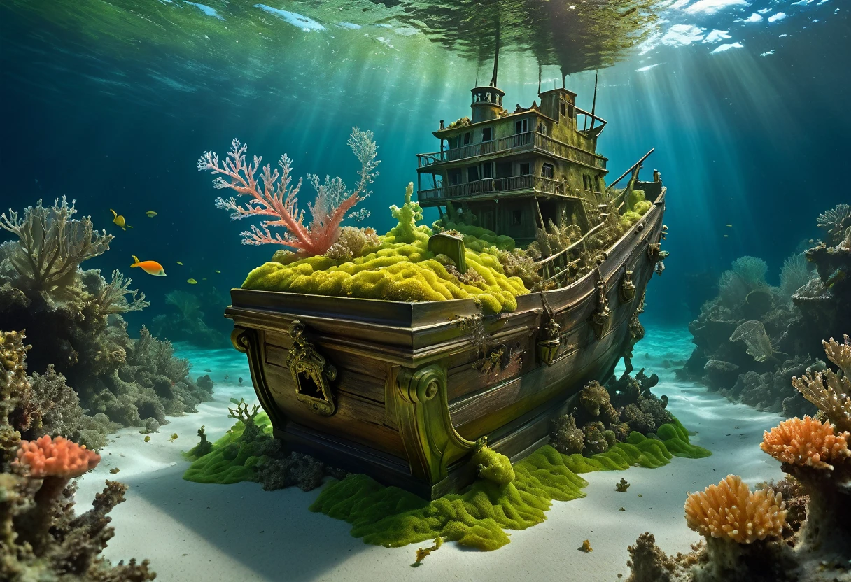 In a brief interim a coral fairy dressed with algae illuminates with St. Elmo's Fire a pirate wrecking site on covered by algae and coral, showcasing the wrecked ship partially hidden by the acuatic vegetation, a wooden treasure chest, underwater scene, Caribbean sea, melancholic, organic forms, art nouveau, slightly influenced by Zena Holloway, Shaun Tan and Seth Globepaint.