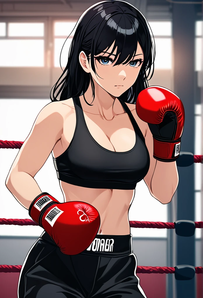 high quality, detailed image, Anime style, Woman boxer, long black hair, handsome face, boxing gloves, sports bra, toned, boxing stance, long black pants, looking at viewer