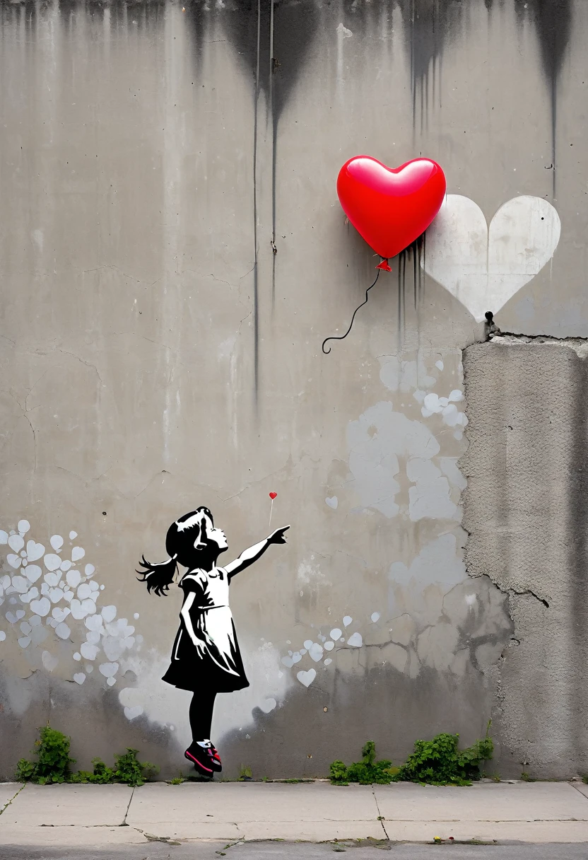 A graffiti-style image depicting a young girl in a dress reaching out for a red, heart-shaped balloon that is floating away. The background is a weathered concrete wall, and the overall tone is melancholic but hopeful, reminiscent of Banksy's iconic style.
