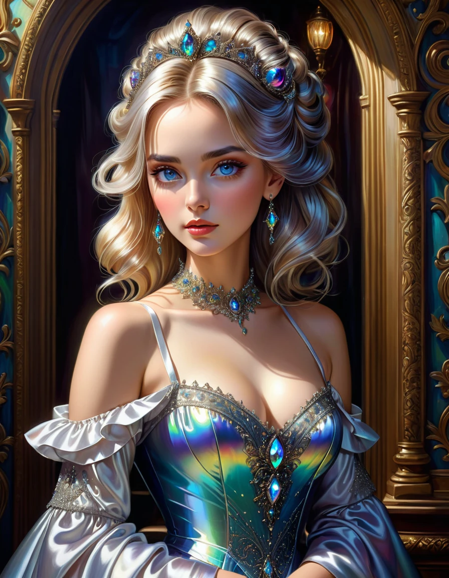 Her beautiful eyes glow , score 9,score 8 points,score 7 points,score 6 points,score 5 points,Full drawn portrait of a female figure.,yassification,beauty filter,fusion of the styles of Mike Sass and John Tenniel,against a complex background, conveying the charm of Gothic art,her iridescent hairstyle is carefully drawn, beautiful sparkling decorations,white silk dress,open shoulders,perfect lighting and composition,Oil painting,deep emotions,masterpiece with bright colors,very detailed,Best quality,ultra-realistic elaborate hairstyle,((Global Light,chiaroscuro,ray tracing): 1. 2)) Hollywood light,ray tracing,chiaroscuro,((Ultra high quality:1.5))