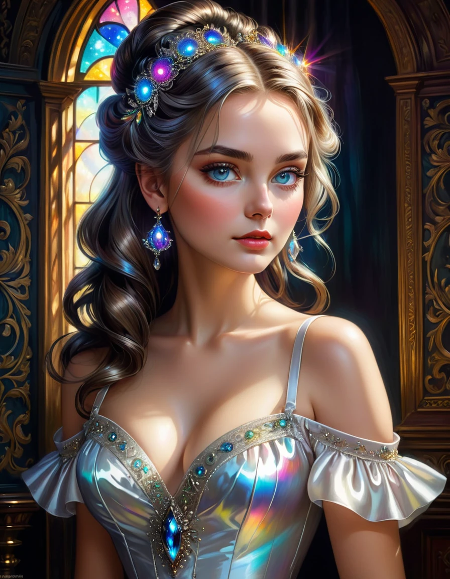 Her beautiful eyes glow , score 9,score 8 points,score 7 points,score 6 points,score 5 points,Full drawn portrait of a female figure.,yassification,beauty filter,fusion of the styles of Mike Sass and John Tenniel,against a complex background, conveying the charm of Gothic art,her iridescent hairstyle is carefully drawn, beautiful sparkling decorations,white silk dress,open shoulders,perfect lighting and composition,Oil painting,deep emotions,masterpiece with bright colors,very detailed,Best quality,ultra-realistic elaborate hairstyle,((Global Light,chiaroscuro,ray tracing): 1. 2)) Hollywood light,ray tracing,chiaroscuro,((Ultra high quality:1.5))
