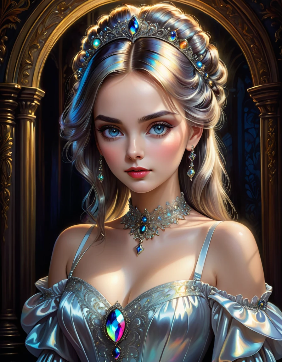 Her beautiful eyes glow , score 9,score 8 points,score 7 points,score 6 points,score 5 points,Full drawn portrait of a female figure.,yassification,beauty filter,fusion of the styles of Mike Sass and John Tenniel,against a complex background, conveying the charm of Gothic art,her iridescent hairstyle is carefully drawn, beautiful sparkling decorations,white silk dress,open shoulders,perfect lighting and composition,Oil painting,deep emotions,masterpiece with bright colors,very detailed,Best quality,ultra-realistic elaborate hairstyle,((Global Light,chiaroscuro,ray tracing): 1. 2)) Hollywood light,ray tracing,chiaroscuro,((Ultra high quality:1.5))