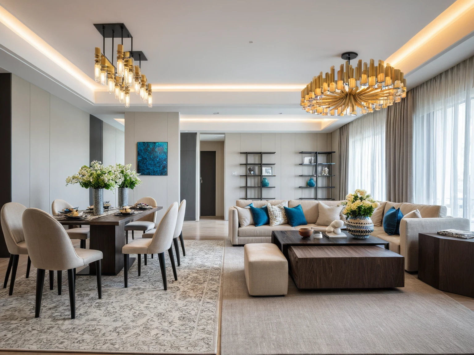 Raw photo, Masterpiece, high quality, best quality, authentic, super detail, indoors, living room style modern, sofa, table coffee, rug, dining table, chairs, flower vases, shelves, curtain walls, painting, windows, ceiling lights, chandeliers, minimalist line, vivid color,