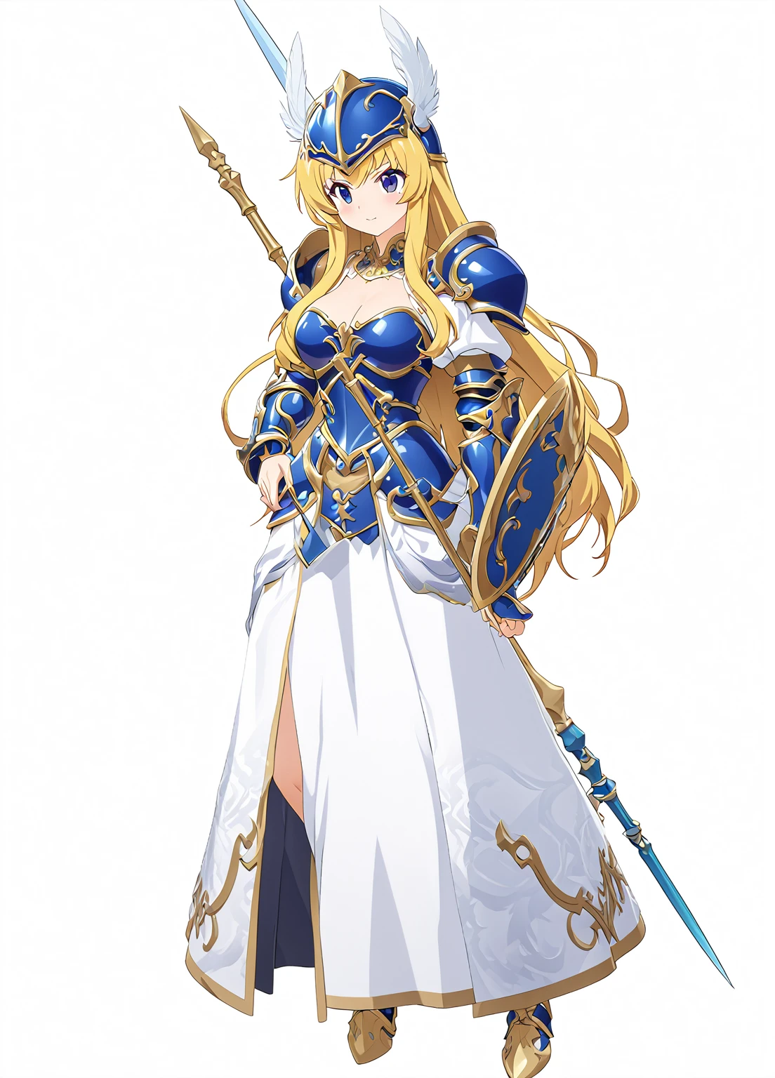 Highest quality, high resolution, High quality game art style, whole body,Valkyrie,Official Art, Smooth game CG art,Cute 3D anime girl render, Visual Novel Sprites, White background,Smooth game CG art, (((Woman with a long spear))),A woman wearing a white dress and blue armor, An intricately designed helmet with white feathers,Small shield, (((Has an exquisite long spear))),Exquisite Blue Armor,Golden Hair, long hair, female knight, Rin々Shii,Don't like to think,Large Bust,,