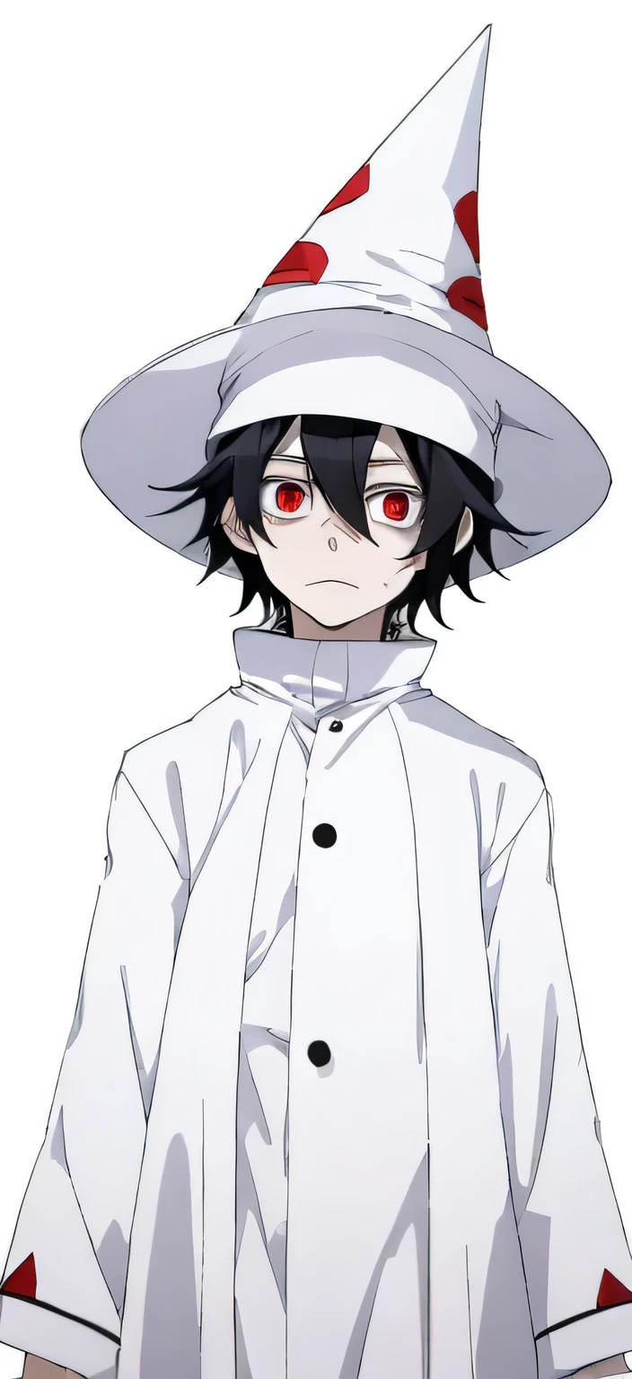 anime boy wearing full white clothes, wizard hat, black hair, scared, sad, facing the camera, high quality