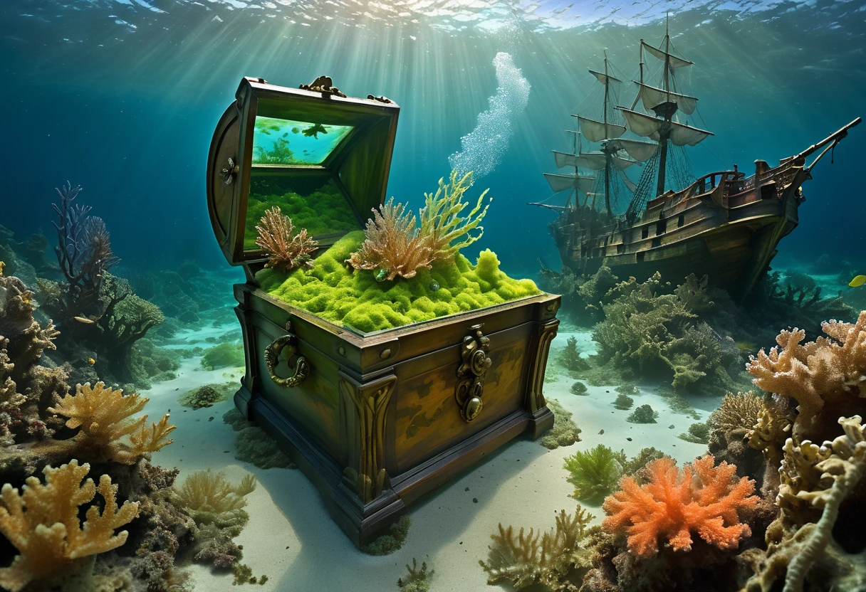In a brief interim a coral fairy dressed with algae illuminates with St. Elmo's Fire a pirate wrecking site on covered by algae and coral, showcasing the wrecked ship partially hidden by the acuatic vegetation, a wooden treasure chest, underwater scene, Caribbean sea, melancholic, organic forms, art nouveau, slightly influenced by Zena Holloway, Shaun Tan and Seth Globepaint.