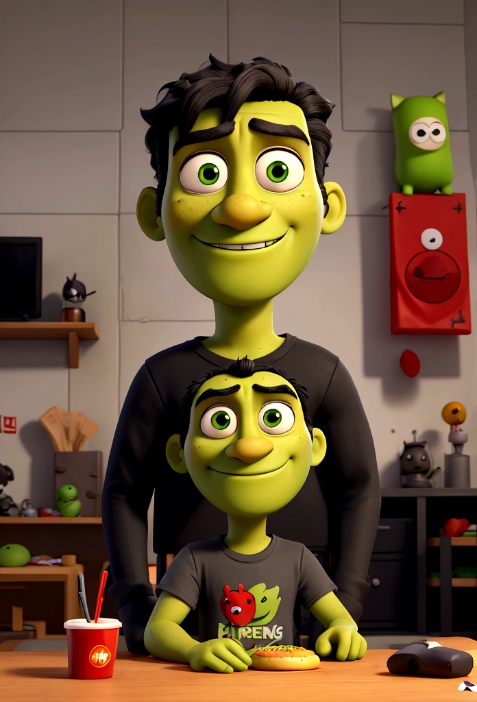 Burger King and man Green skin, black hair, worried expression. Clothing: Dark green t-shirt with a red X, gray pants. Occupation: Former television actor, now villain