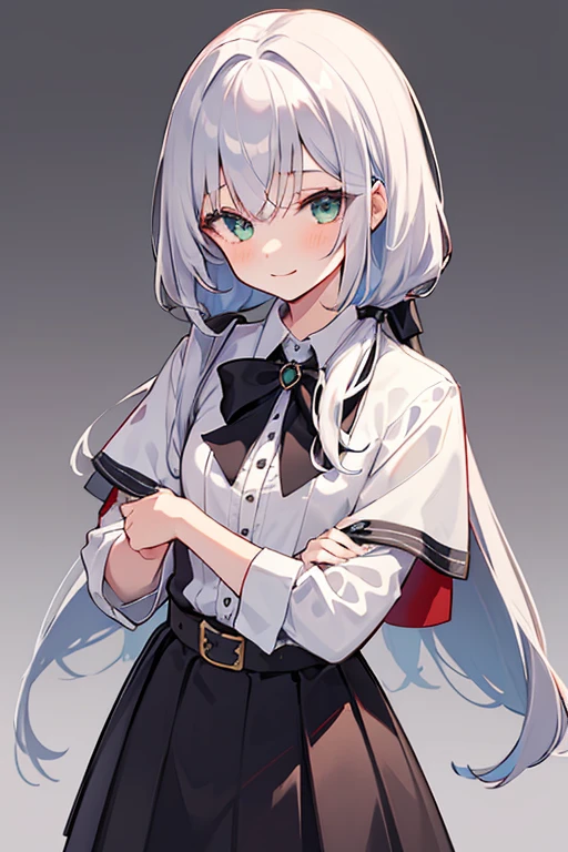 blush, 1 Girl, smile, alone, green_eye, Closed_mouth, 前hair, black_skirt, blackリボン, virtual_YouTuber, Silver_hair, Simple_background, Open_Clothes, dress, black_belt,