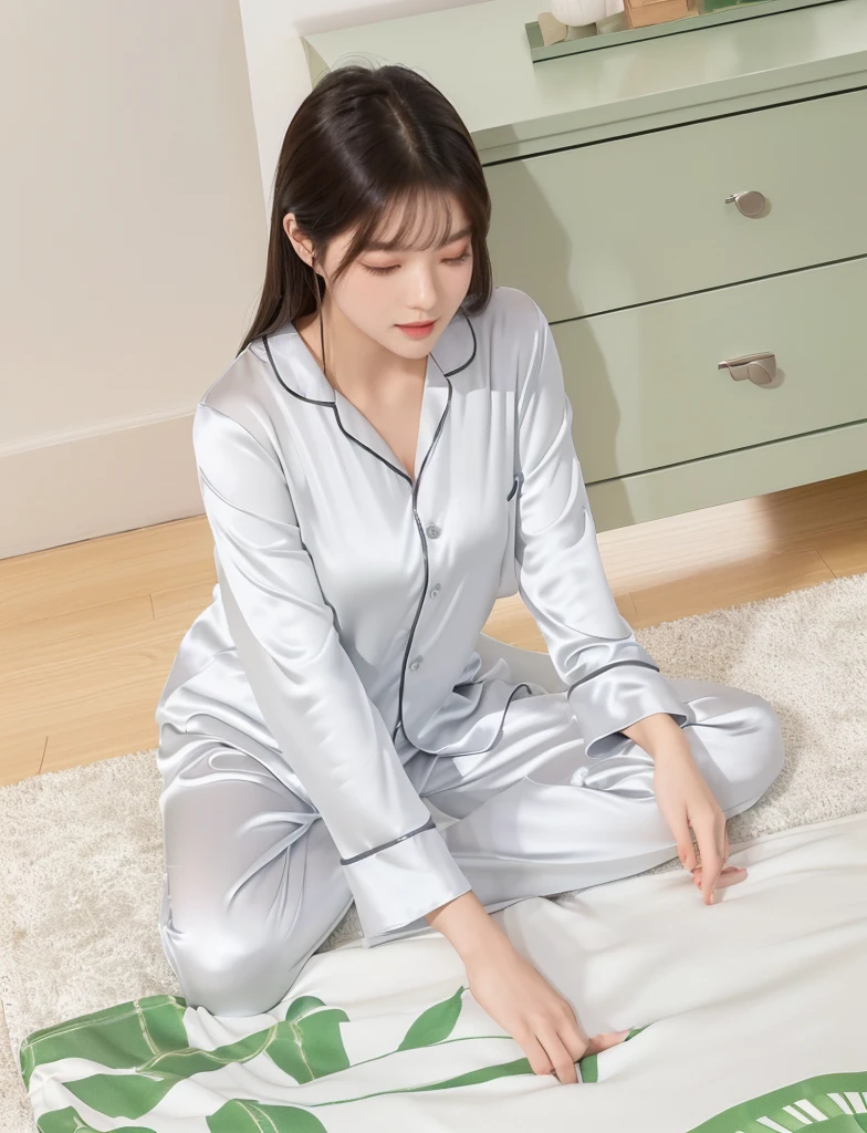 woman sitting on the floor with a 白色的 box and a green plant, smooth white tight clothes suit, wearing pajamas, Full length view, panoramic, Home, satin, Wearing grey long sleeves, Light gray, Stylish design,  silky outfit,  Farbe, Sitting in the bedroom, Shiny silver, Full length view, Near Angle, Handsome