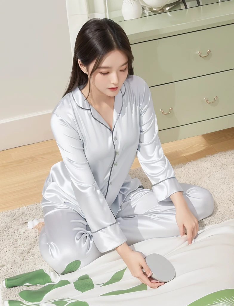 woman sitting on the floor with a 白色的 box and a green plant, smooth white tight clothes suit, wearing pajamas, Full length view, panoramic, Home, satin, Wearing grey long sleeves, Light gray, Stylish design, silky outfit, Farbe, Sitting in the bedroom, Shiny silver, Full length view, Near Angle, Handsome