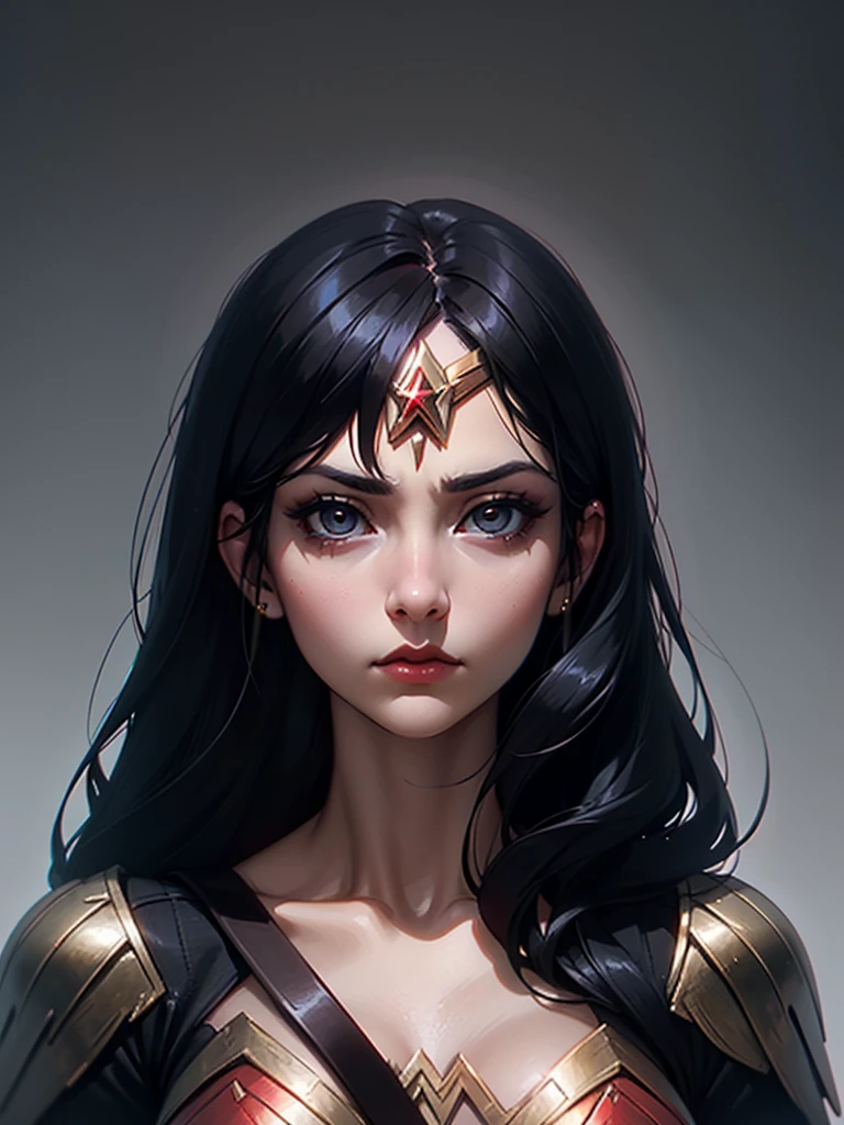 ((portrait photo)), Wonder woman, Black hair appearance, with a thin, elegant construction. She expresses a cold and distant look, Giving off an inaccessible and mysterious attitude., dark eyes, her hair is long, Right, and jet black. elegant presence. ((portrait photo, HDR, dark background))