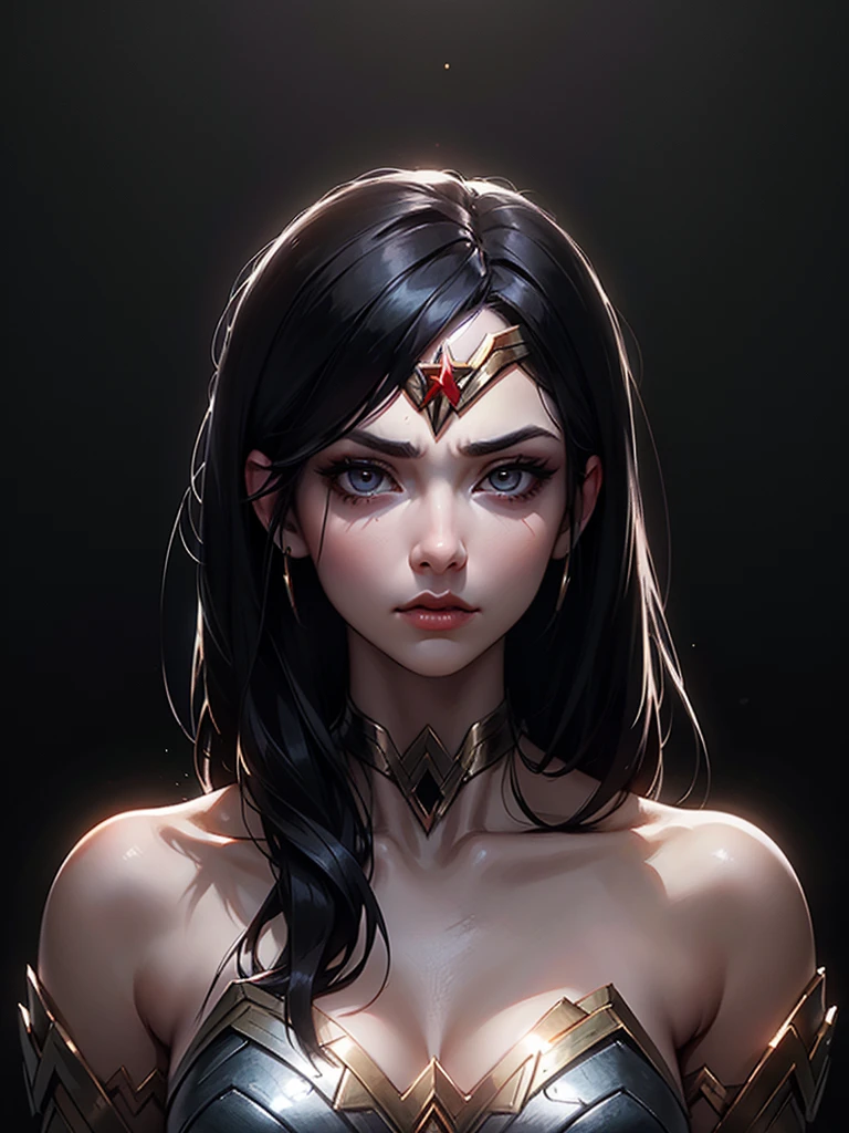 ((portrait photo)), Wonder woman, Black hair appearance, with a thin, elegant construction. She expresses a cold and distant look, Giving off an inaccessible and mysterious attitude., dark eyes, her hair is long, Right, and jet black. elegant presence. ((portrait photo, HDR, dark background))