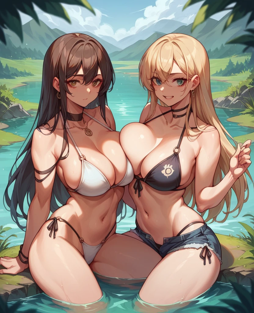 
Two  anime girls in bikinis posing by a lake with very  