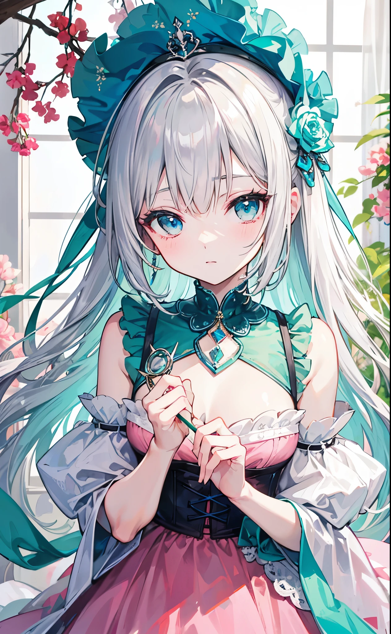 Bright silver and light green color,A very beautiful dress,Youthful Beautiful Girl,Pink decoration,blue eyes,Clear and soft glossy