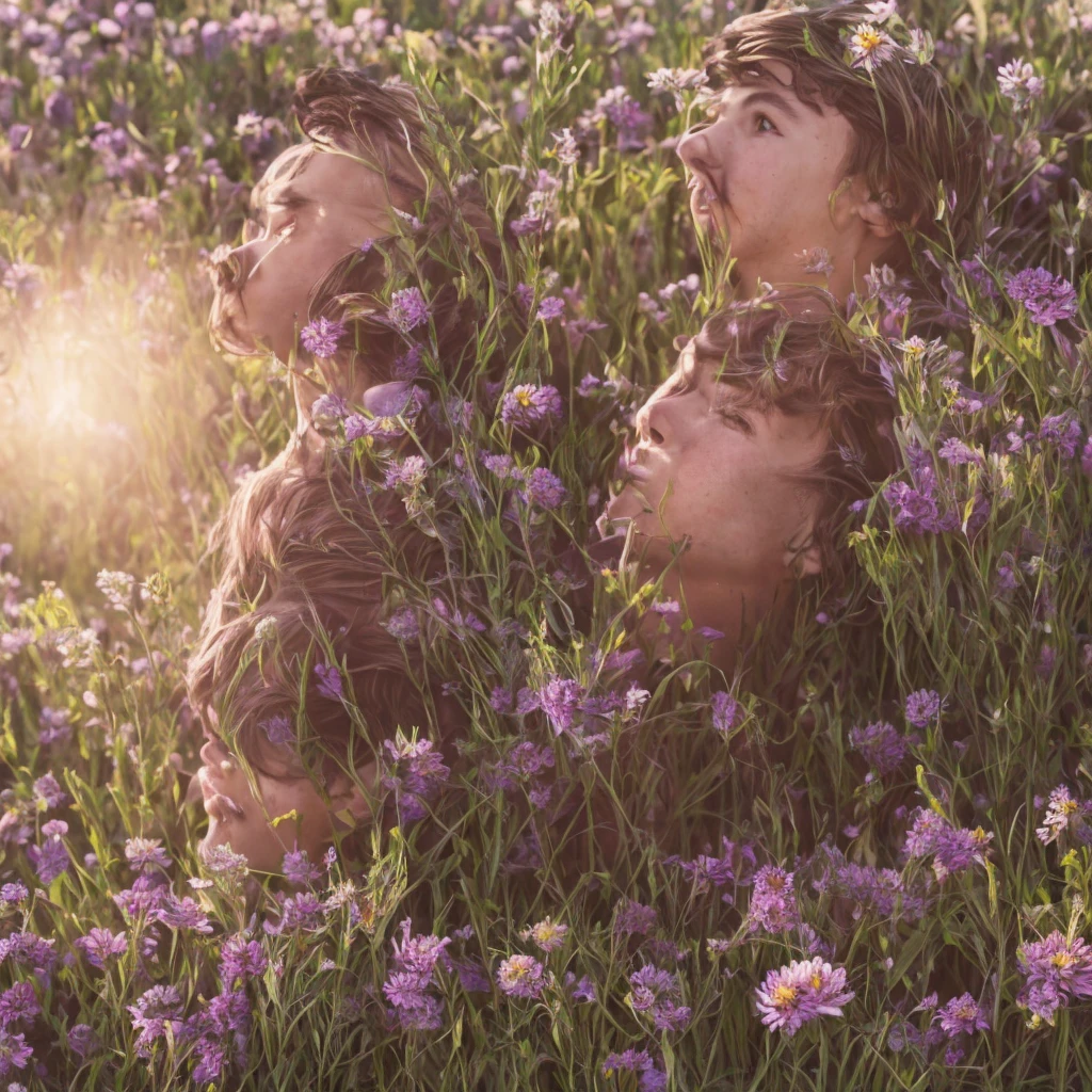 1 boy, beautiful detailed eyes, beautiful detailed lips, extremely detailed face and skin, long eyelashes, messy brown hair, , standing in a field of flowers, sunlight, cinematic lighting, vibrant colors, fantasy, digital painting, intricate details, high quality, 8k, photorealistic