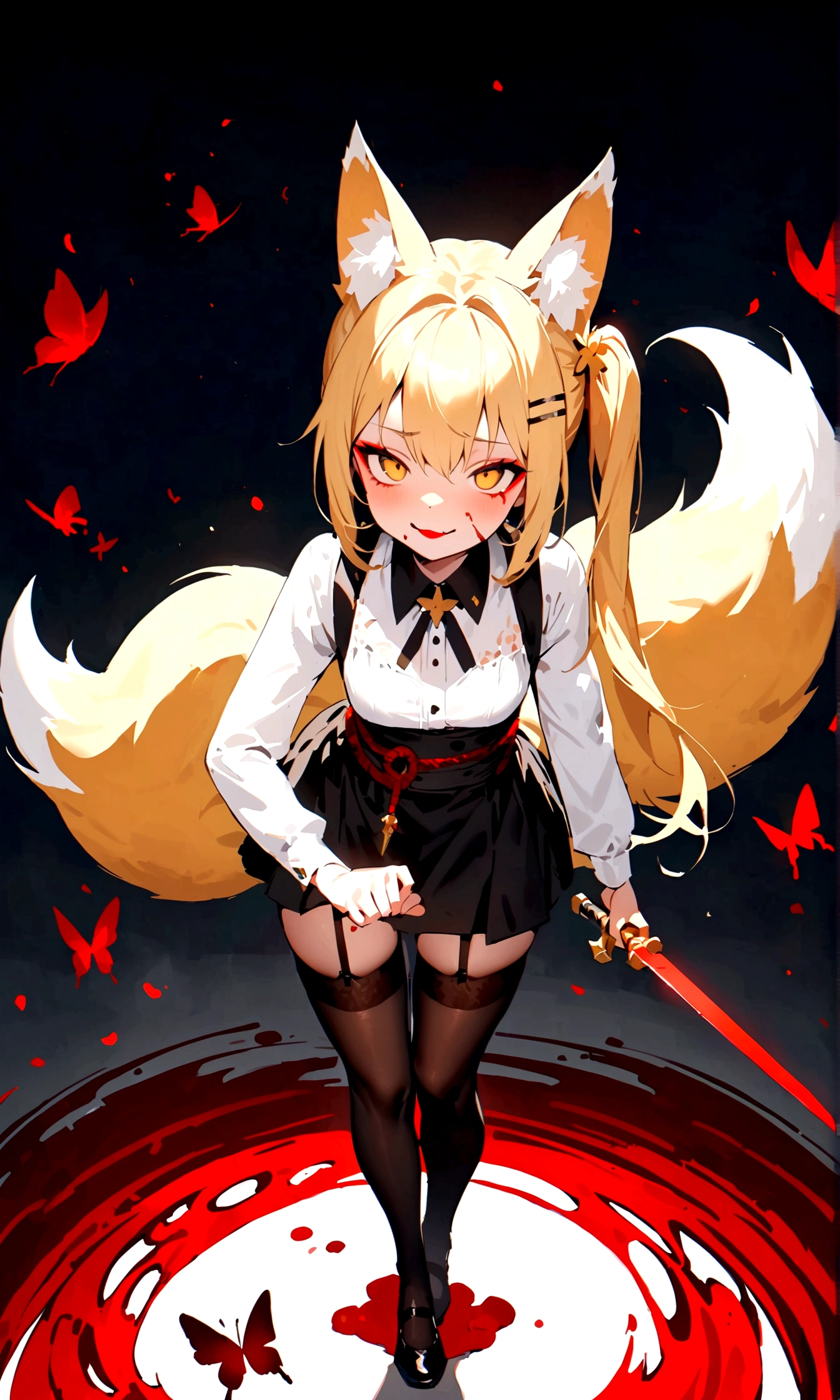 (masterpiece, best quality) junior,1girl,detailed, (beautiful,small breasts), blonde,long hair, side ponytail(tied to the left),Hairpin decoration with gold butterfly, elegant, (fox ears),nine tailed fox tail, red eyeshadow, golden eyes, femur,dark night sky,girl,yandere eyes,bloody face,피묻은 Maid복,Maid,white shirt,Black Skirt,Black stockings,Garter belt stockings,Bloody(blood on fullbody),bloody dagger,ninja rope,holding weapon,evil smile
