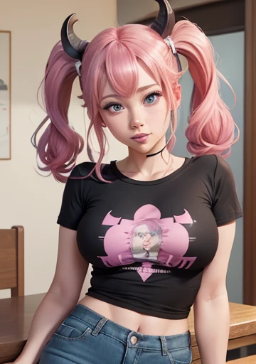 Ilulu, kobayashi san chi no maid dragon, Sensual beautiful woman pink hair pigtails, dragon horns, blue eyes, slim body big tits very tight black t-shirt almost transparent short jeans image 1.2 high resolution perfect detailed sensual smile with high resolution 12k