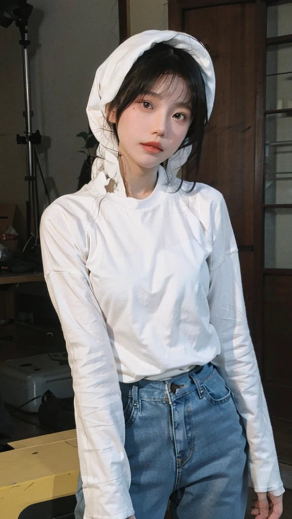 Beautiful Korean girl wearing a light blue  long-sleeved shirt  wearing a full high yellow hijab wearing tight pink jeans