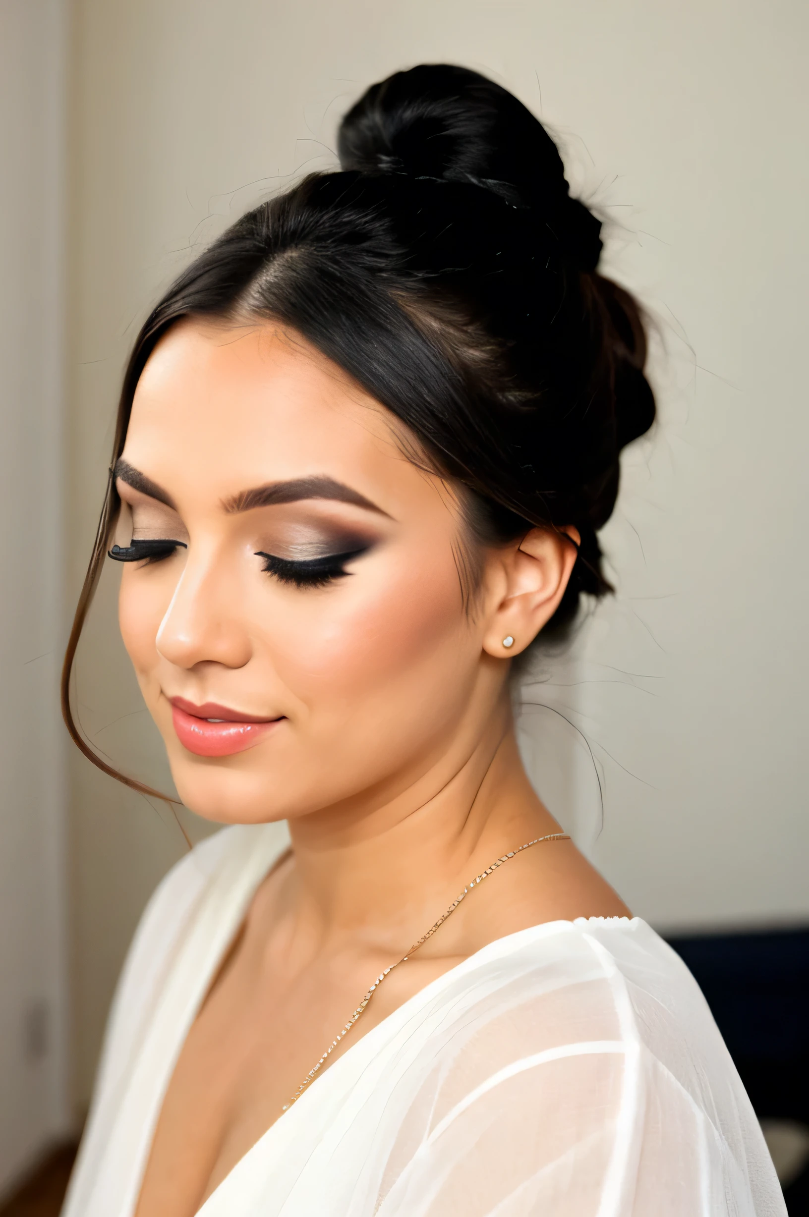 a marry makeup, with pony tail and closed eyes, in a makeup artist photo