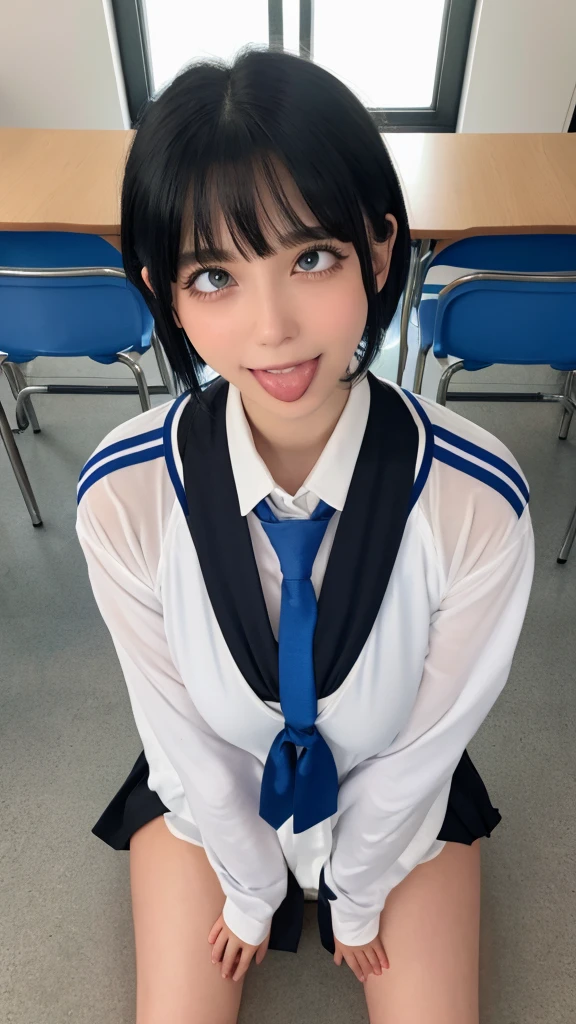 (masterpiece, Official Art), One Girl, Black Hair, blue eyes, hair ornaments, Hair Clip, (school uniform), (See-through shirt), (tie), (skirt), (Wet), (Upper Body), (close), ((Exposing her huge breasts)),very good、sunlight,classroom、 Grin, Charm, blush, Charm服, (close), (Place your hands behind your head), (whole body), Short Bob,nsfw、squat、Leg spread、White panties