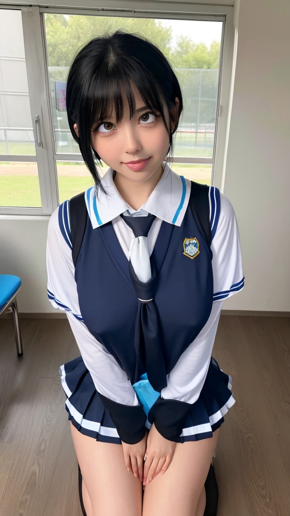 (masterpiece, Official Art), One Girl, Black Hair, blue eyes, hair ornaments, Hair Clip, (school uniform), (See-through shirt), (tie), (skirt), (Wet), (Upper Body), (close), ((Exposing her huge breasts)),very good、sunlight,classroom、 Grin, Charm, blush, Charm服, (close), (Place your hands behind your head), (whole body), Short Bob,nsfw、squat、Leg spread、White panties