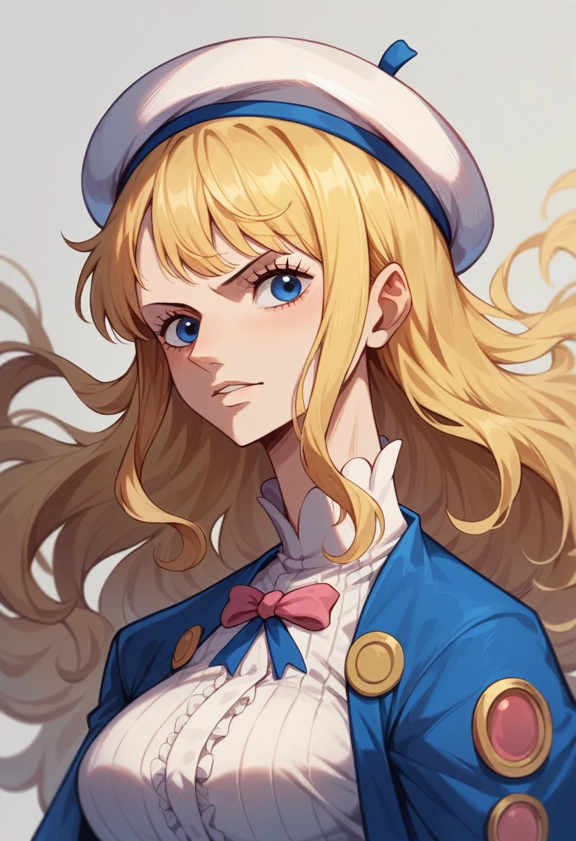best quality, masterpiece, ultra high res,beret, pink and black one piece and blonde hair and blue eyes, extreme detail,