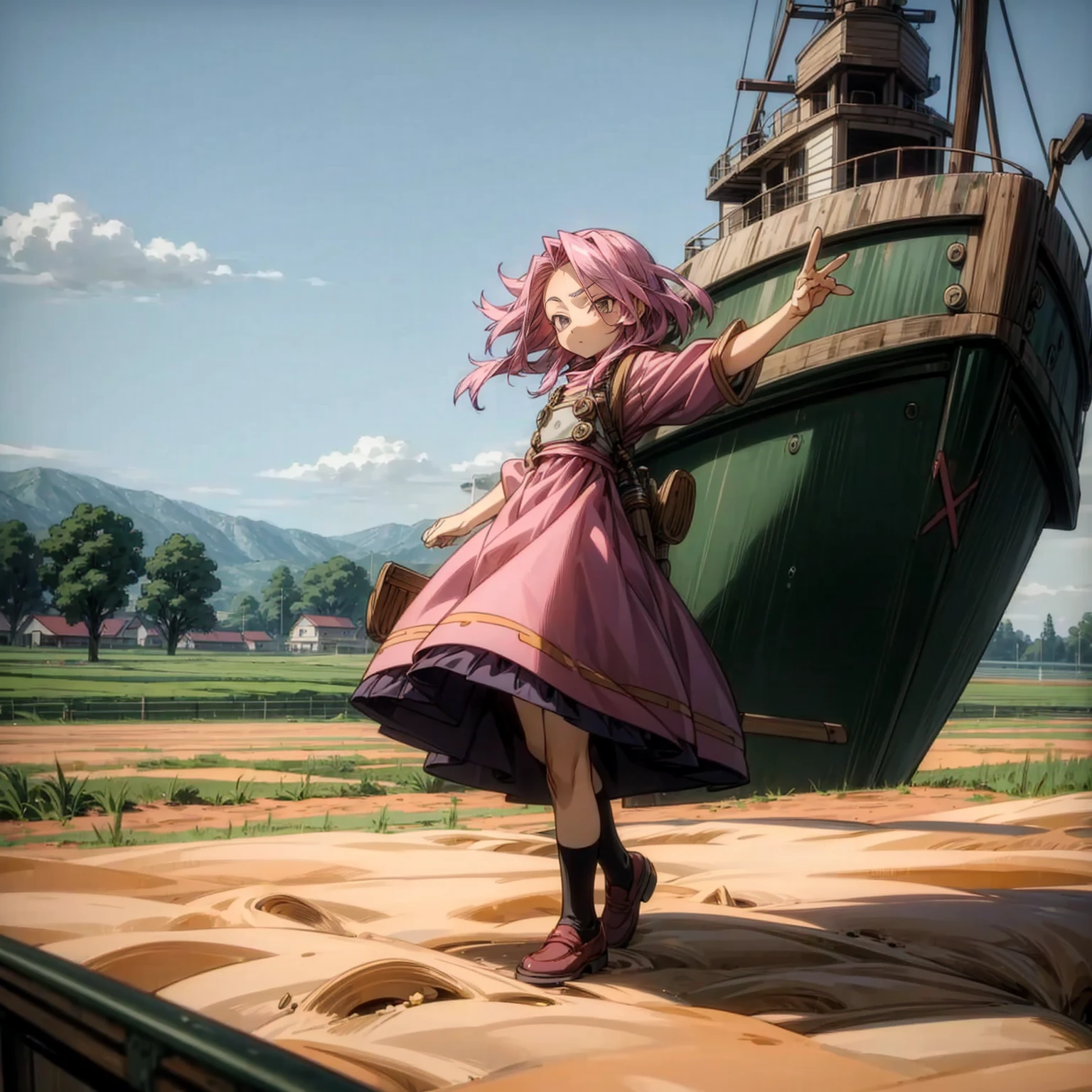 1childern girl, Full body version, 1character, children version, gold eyes color, long haircut, pink colour hair, Farmer villager style clothing, Grassroots, background in sea, motion blur, (Hunter x Hunter style), standing gesture in ship