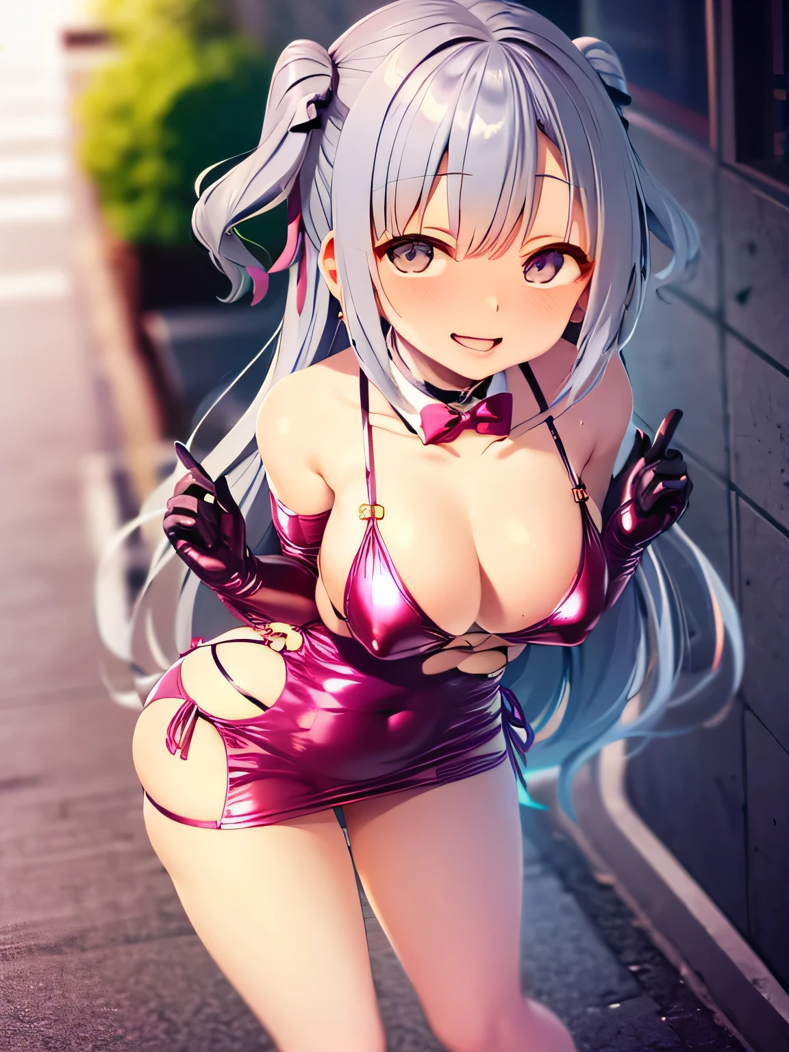 ((Mejiro Barley、Uma Niang))、Short Mini Dress,(Hair covering eyes、Shy、Smile、(Long hair)、(curls)、(lateral division)、(Lilac hair),Pink charming eyes、((Large Breasts、Bikini))、Exceed,Traceless fingers、Thick Legs,Fascinating three-dimensional,Fascinating three-dimensional、(Bunny Girl),street、