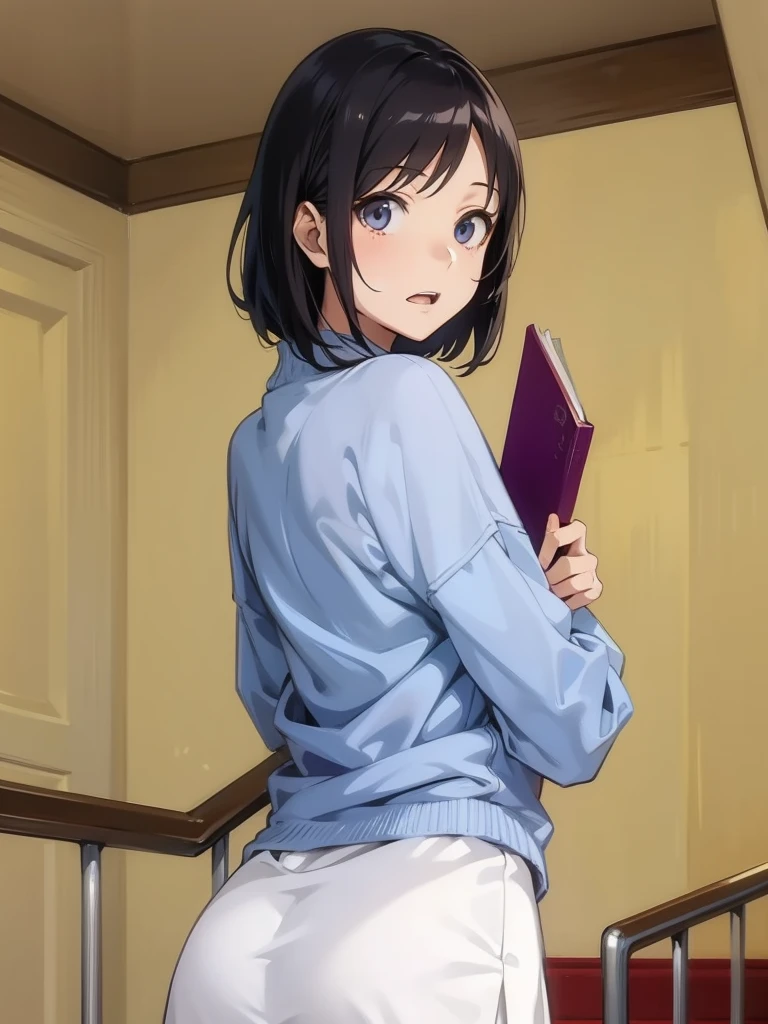 Anime girl standing on the stairs holding a book, Hyuuga Hinata, Anime Moe Art Style, Drawn by an anime artist'studio, ; Visual novel, Realistic , Cute girl anime visuals, Nishimiya Shoko, Smooth anime CG art, rei hiroe, Kotegawa Yui, Attractive anime girl, sayori, Yandere. expensive
