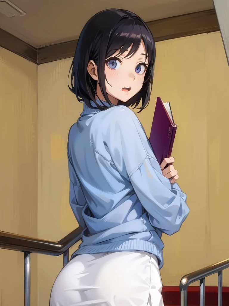 Anime girl standing on the stairs holding a book, Hyuuga Hinata, Anime Moe Art Style, Drawn by an anime artist'studio, ; Visual novel, Realistic , Cute girl anime visuals, Nishimiya Shoko, Smooth anime CG art, rei hiroe, Kotegawa Yui, Attractive anime girl, sayori, Yandere. expensive