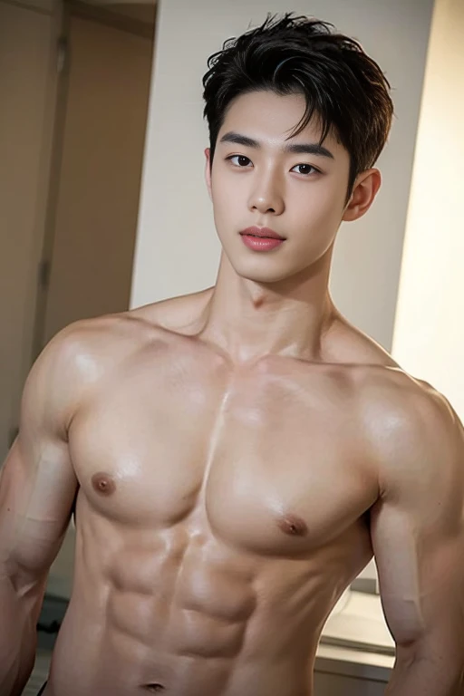 ((Top Quality, 8K, masterpiece: 1.3))、Cool Korea naked Man, 1muscle Man with big chest abs, 、20yo、Well-formed face、Handsome nose、detailed eyes and face、beautiful lighting、(studio)、Hight Resolution、(looking looking at viewer)、detailed mouth、Sorrisos、s whole body: 1.5, perfect body figure: 1.3, Pictures of both shoulders:1.3, expose his penis, men penis, big ass