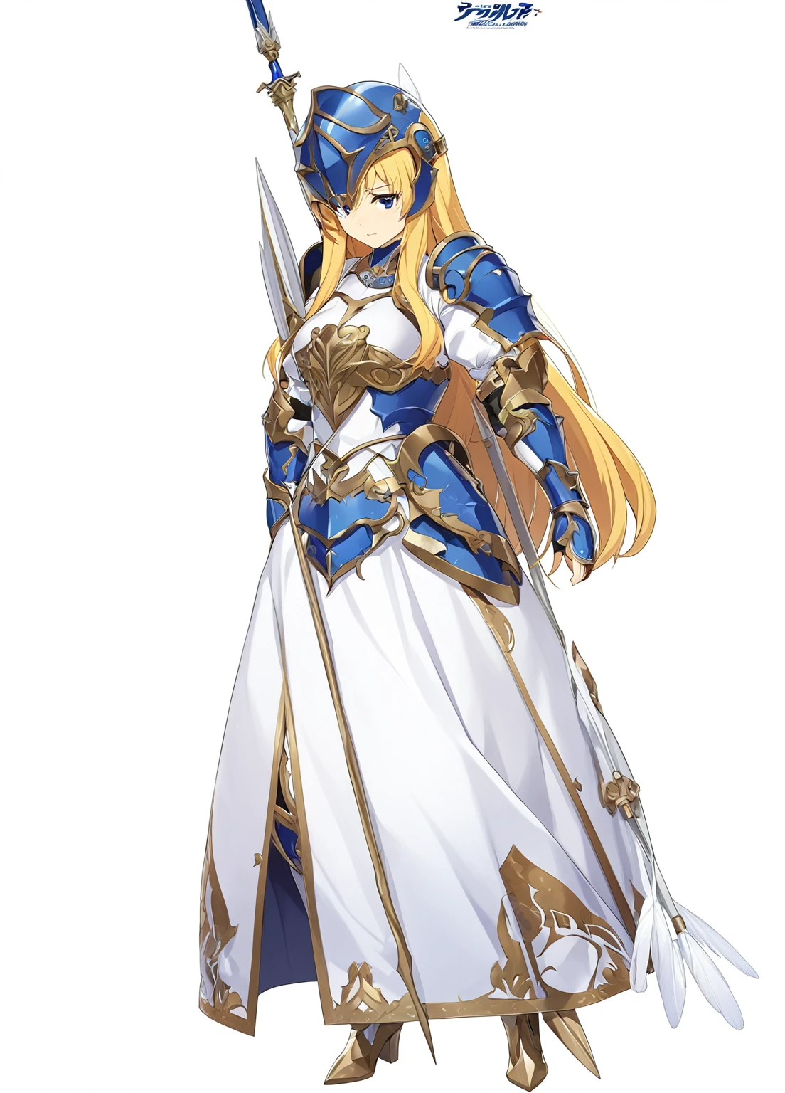 Highest quality, high resolution, High quality game art style, whole body,Valkyrie,Official Art, Smooth game CG art,Cute 3D anime girl render, Visual Novel Sprites, White background,Smooth game CG art, (((Woman with a long spear))),A woman wearing a white dress and blue armor, An intricately designed helmet with white feathers,Small shield, (((Has an exquisite long spear))),Exquisite Blue Armor,Golden Hair, long hair, female knight, Rin々Shii,Don't like to think,Large Bust,17 years old,