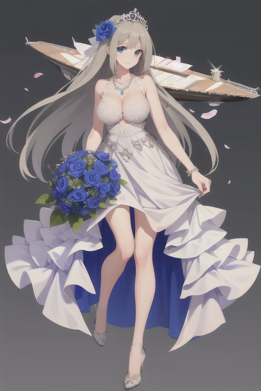 ((Best quality))),((Ultra-detailed)),((illustration)),((Disheveled hair)),((frilld)),(1 girl),(Solo),
1girl,blue bow,blue eyes,blue flower,blue ribbon,blue rose,bouquet,breasts,dress,flower,gradient,gradient background,grey background,jewelry,long hair,necklace,petals,rose,solo,veil,wedding dress,white dress,lexington \(warship girls r\),long dress,full body,Brown hair