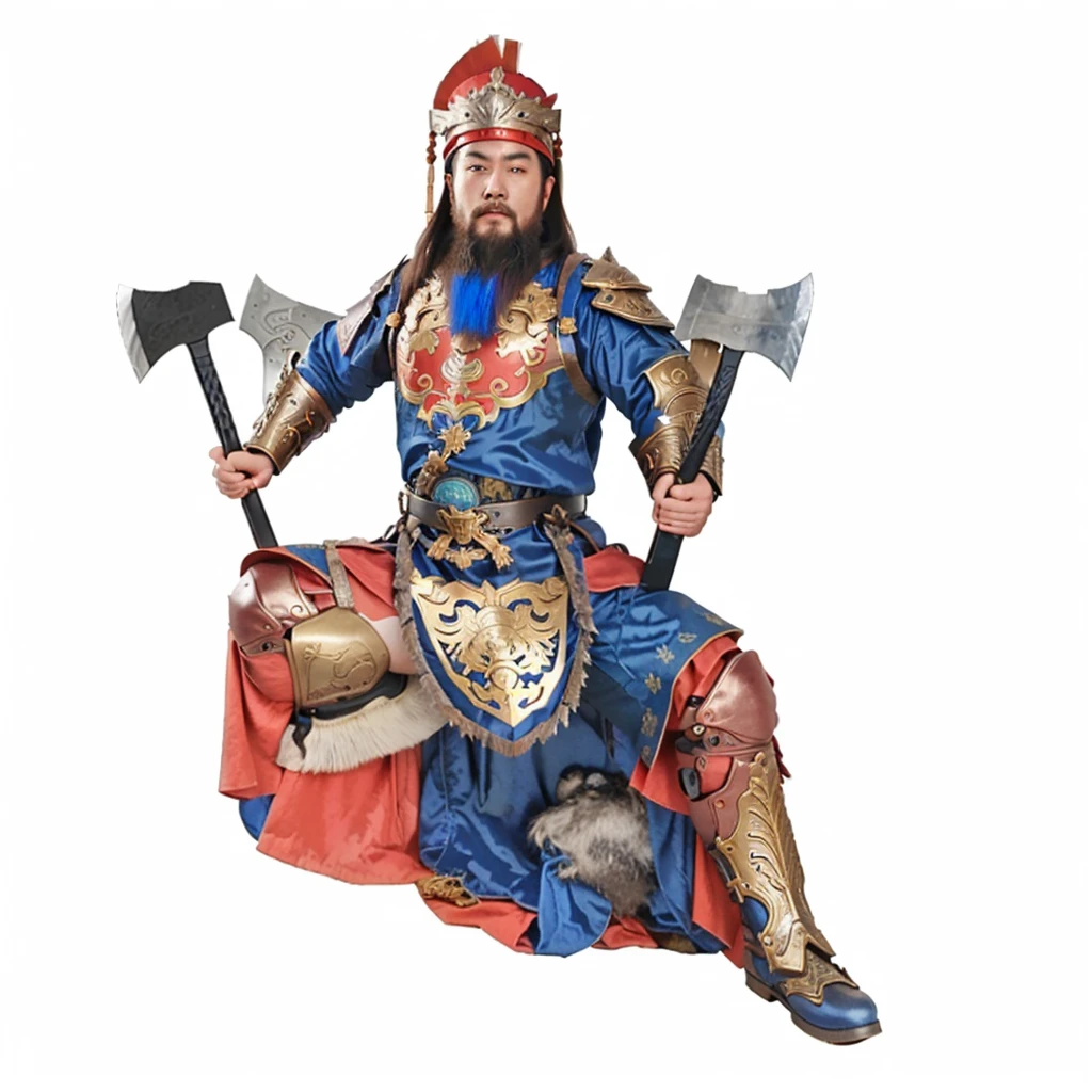 a chinese warrior with blue robe and armour, holding 2 axes, wild beard, showing his boots sole, make him more mascular